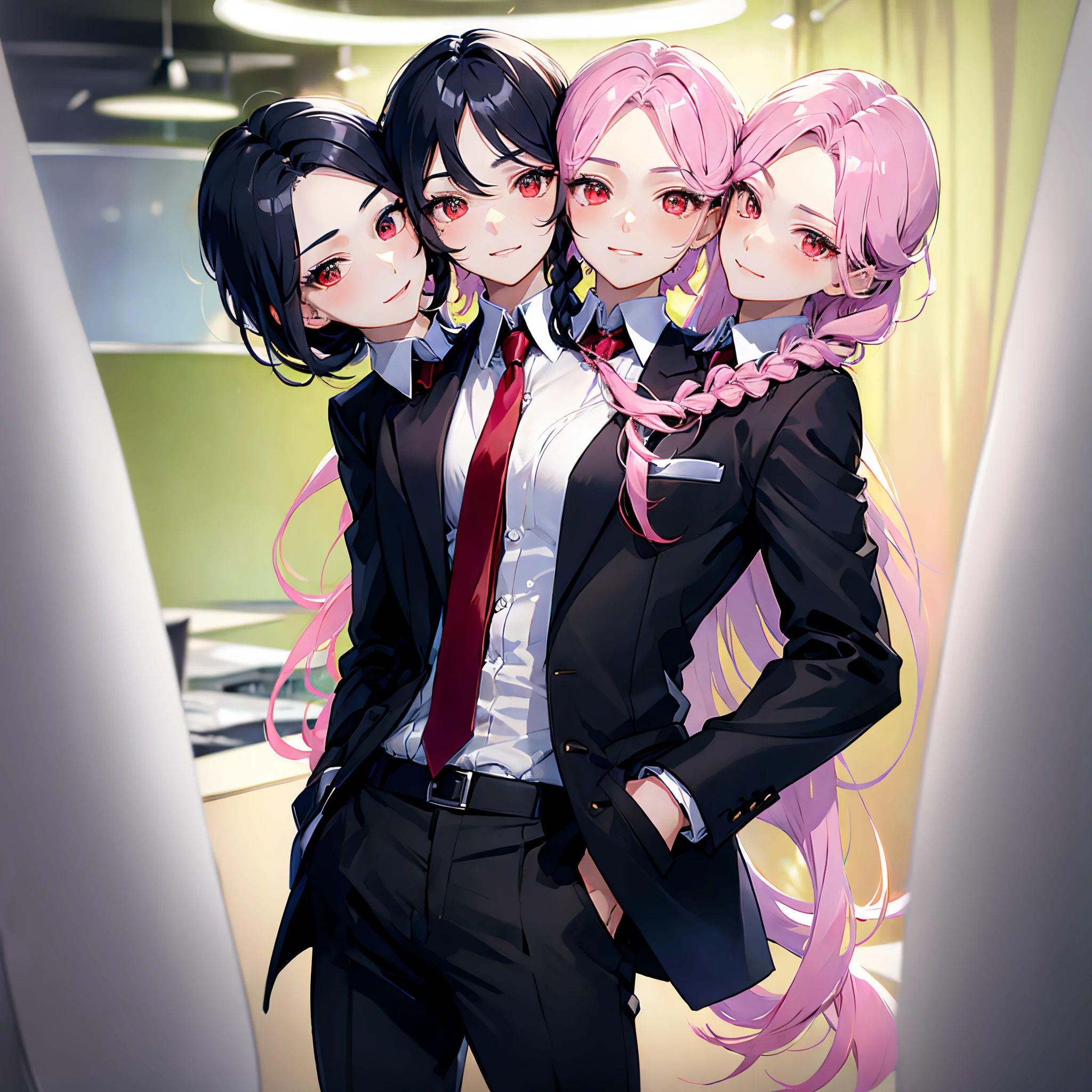 (3heads:1.5), 1girl, 1boy, solo, red eyes, black hair, pink hair, braid, long hair, (handsome:1.4), (masculine:1.2), suit, black pants, red tie, (masterpiece), (high quality), (best resolution), bangs, serious, (hands in pockets), looking at viewer, different facial expressions, office, beautiful background, big smile, wink, portrait, close-up