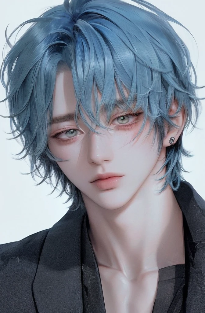 (masterpiece), (best quality), (ultra detailed),(messy hair),(illustration), (1boy), avatar, macro lens, (Fashionable clothing), standing,Fashion model, looking at viewer, ( interview), (simple background), beautiful detailed eyes, exquisite beauty, Floating, (high saturation), (colorful splashs), colorful bubble, (shining), focus on face, Anime Adult male, blue shaggy hair, green eyes, handsome