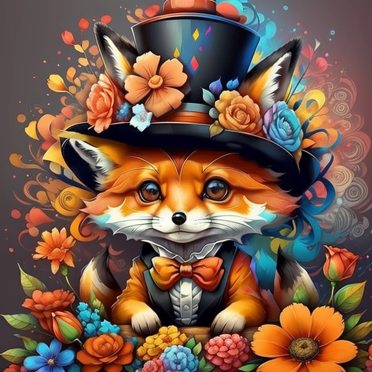 (ute baby fox with red top hat with flowers),(melhor pose),(best angle), (better expression), Eduardo Kobra acolchoamento ,multidimensional geometric wall PORTRAIT, arte, Chibi,
Yang08k, lindo, Colouring,
Primary works, qualidade superior, melhor qualidade, Arte Oficial, Beautiful and Aesthetic, pelos coloridos,