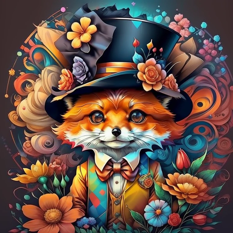 (ute baby fox with red top hat with flowers),(melhor pose),(best angle), (better expression), Eduardo Kobra acolchoamento ,multidimensional geometric wall PORTRAIT, arte, Chibi,
Yang08k, lindo, Colouring,
Primary works, qualidade superior, melhor qualidade, Arte Oficial, Beautiful and Aesthetic, pelos coloridos,