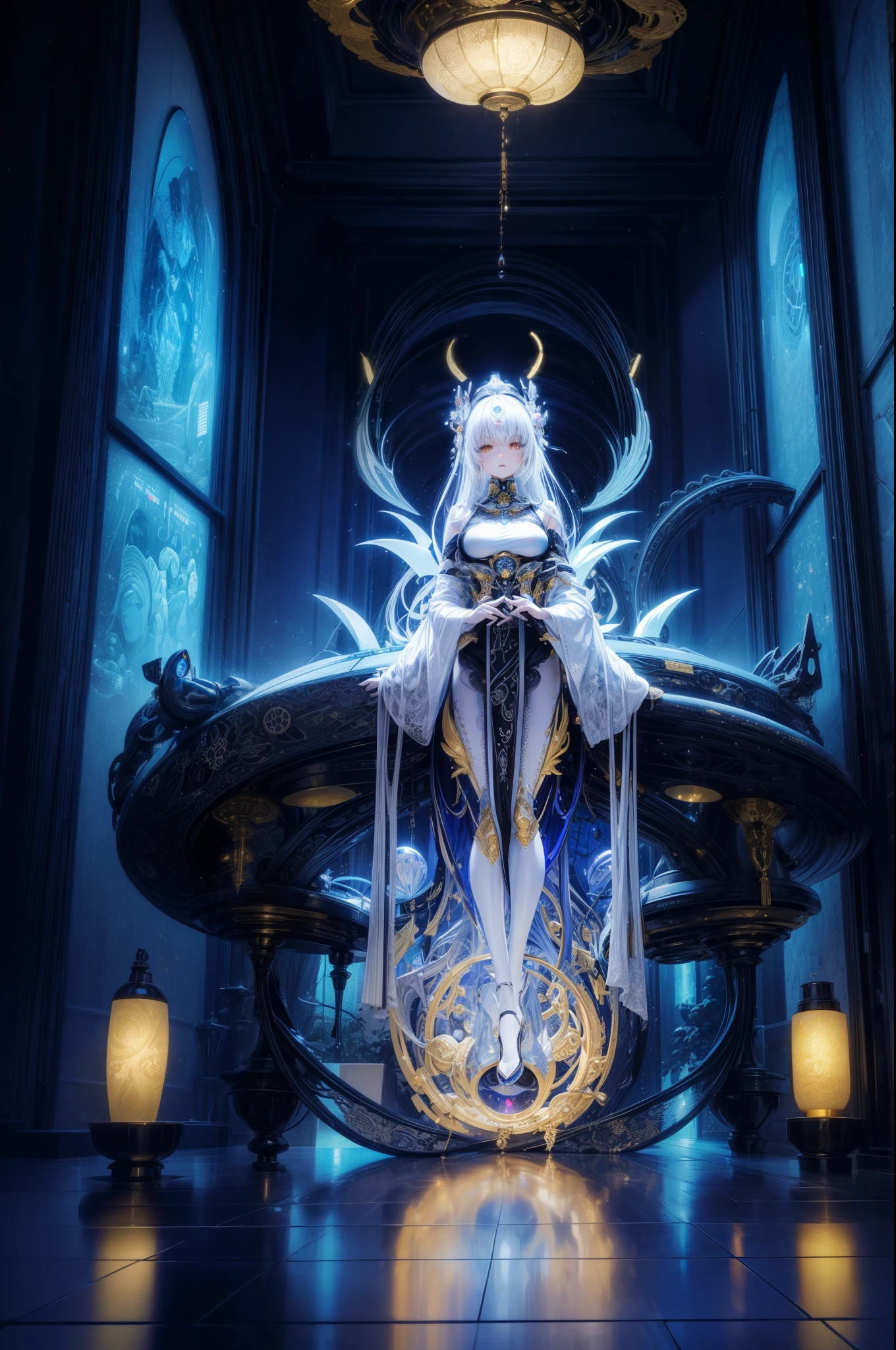 Photos of Japanese female robots in their 20s,Made of white and silver clear glass and plastic, geisha makeup, Black hairstyle, Silver and gold metallic interior, dynamicposes, flowing organic structure, Meticulous carving, Lace design, Glowing gold circuit, Colorful neon lights decoration, Meticulous carving, Lace design, glowing circuitry, neon trim, H'artistically.r. Giger, Greg Rutowski