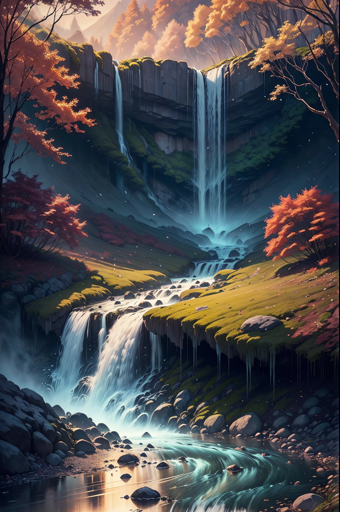 "Amidst the rolling hills, a hidden valley lay bathed in the soft glow of dawn. Towering trees whispered secrets to each other while a gentle stream meandered through the valley, its crystal-clear waters reflecting the vibrant colors of the awakening sky. At the heart of this serene landscape stood a majestic waterfall, its cascading waters creating a symphony of sound that harmonized with the rustling leaves and the chorus of awakening birds. Explore the interplay between light and shadow, the intricate details of nature, and the sense of tranquility that permeates this breathtaking scene."