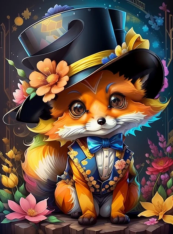 (ute fox with yellow top hat with flowers),(melhor pose),(best angle), (better expression), Eduardo Kobra acolchoamento ,multidimensional geometric wall PORTRAIT, arte, Chibi,
Yang08k, lindo, Colouring,
Primary works, qualidade superior, melhor qualidade, Arte Oficial, Beautiful and Aesthetic, pelos coloridos,