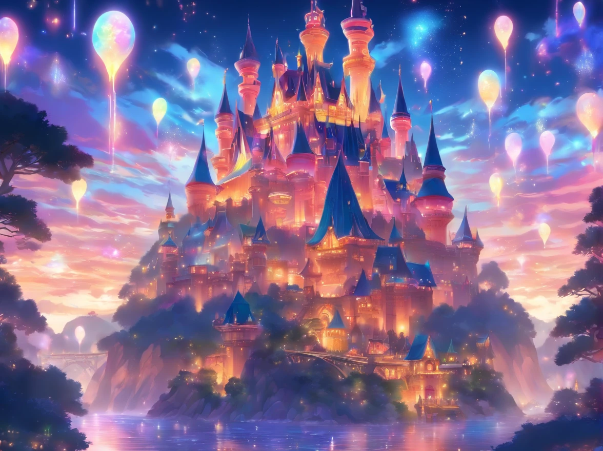 theme park pictures:landscapes, dreamy theme, dreamy and detailed, Adorable and whimsical, Whimsical and cute, magical lights, parade, illuminations, very magical and dreamy, dreamy illustration, Painted in a capricious style, Midnight theme,, Vibrant colors, Intricate details. Highly detailed, Dynamic Pose, Complex motifs, Organic Tracery,Digital Painting, art  stations, Concept art, Smooth, Shiny Aura, Illustration, 8K, Best Quality, awardwinning, Anatomically correct, hight resolution, masutepiece