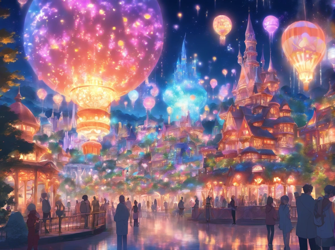 theme park pictures:landscapes, dreamy theme, dreamy and detailed, Adorable and whimsical, Whimsical and cute, magical lights, parade, illuminations, very magical and dreamy, dreamy illustration, Painted in a capricious style, Midnight theme,, Vibrant colors, Intricate details. Highly detailed, Dynamic Pose, Complex motifs, Organic Tracery,Digital Painting, art  stations, Concept art, Smooth, Shiny Aura, Illustration, 8K, Best Quality, awardwinning, Anatomically correct, hight resolution, masutepiece