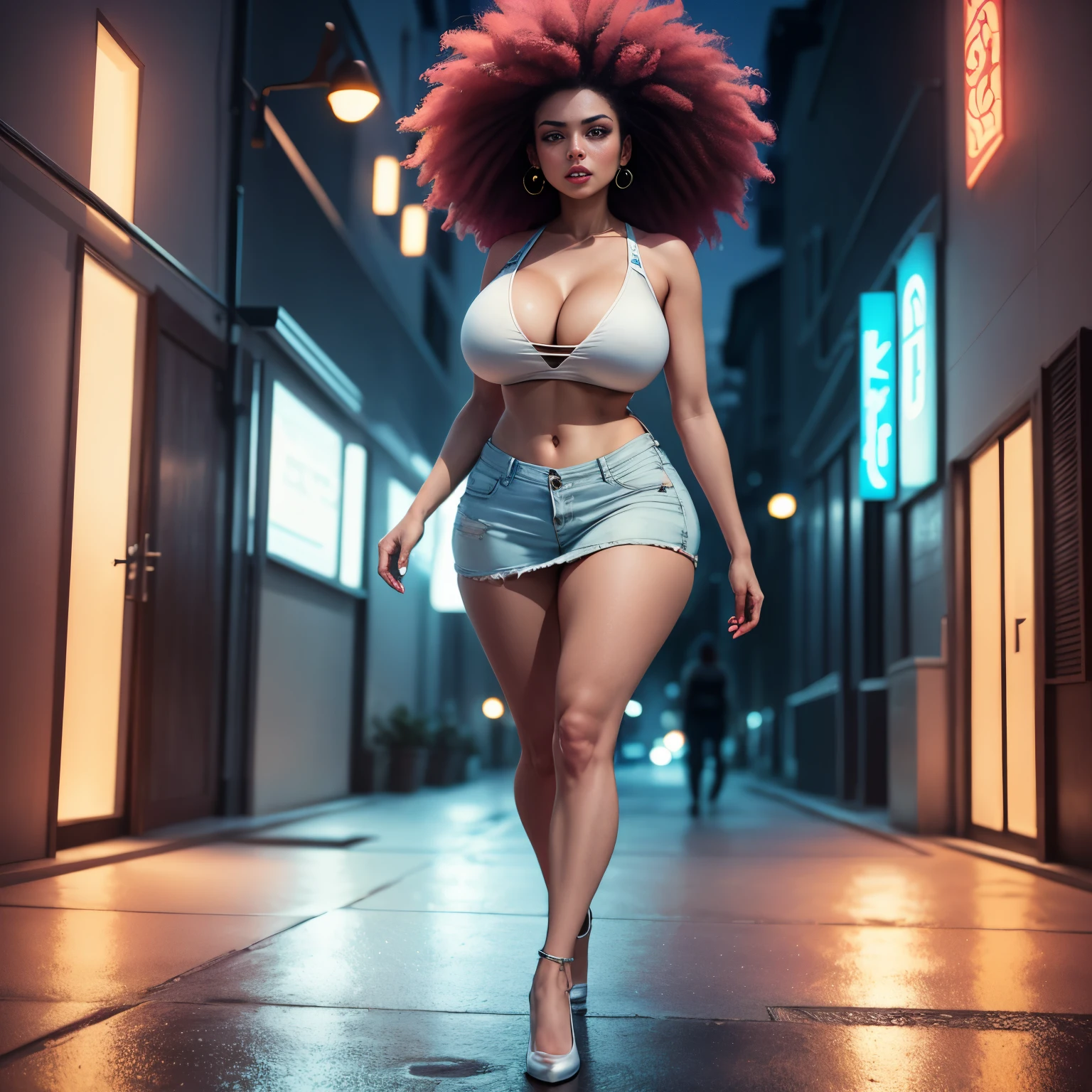 (best quality,ultra-detalhado),sexy woman with big breasts and athletic body walking on a well-lit avenue, red lighting, cabelo afro amarelo e azul