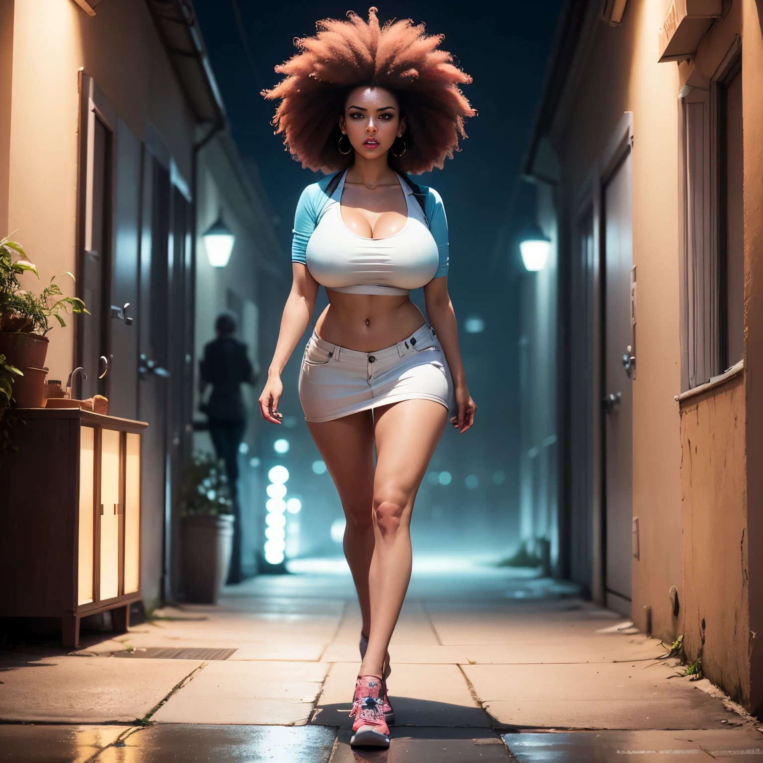 (best quality,ultra-detalhado),sexy woman with big breasts and athletic body walking on a well-lit avenue, red lighting, cabelo afro amarelo e azul