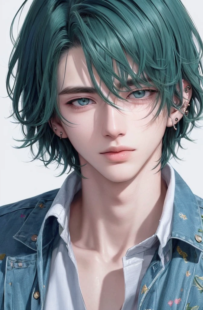 (masterpiece), (best quality), (ultra detailed),(messy hair),(illustration), (1boy), avatar, macro lens, (Fashionable clothing), standing,Fashion model, looking at viewer, ( interview), (simple background), beautiful detailed eyes, exquisite beauty, Floating, (high saturation), (colorful splashes), colorful bubble, (shining), focus on face, Anime Adult male, blue shaggy hair, green eyes, handsome, piercings,