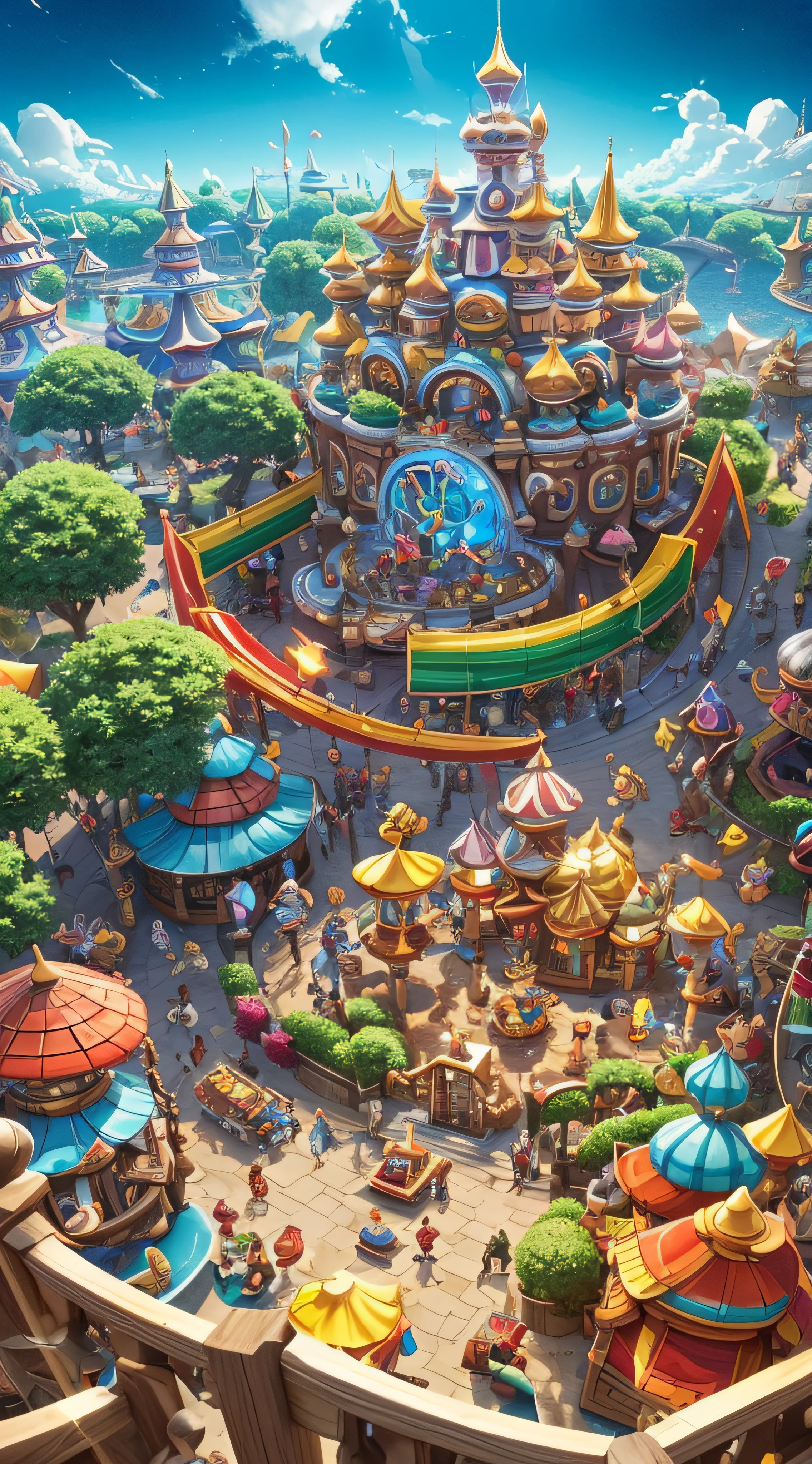 un parc à thème dofus et Wakfu, coloré, vif, une ambiance colorée et animée, Des manèges à sensations fortes, Traite, des familles heureuses profitent de leur temps, foules animées et longues files d'attente. caractères: Yougo, Tristepain, Evangelyne, Amalia, Tofu, Wapin, Bouftou, chacha.(éclairage cinématographique, 16k, meilleur qualité, Hdr, Meilleure résolution, Pièce maîtresse: 1.2)