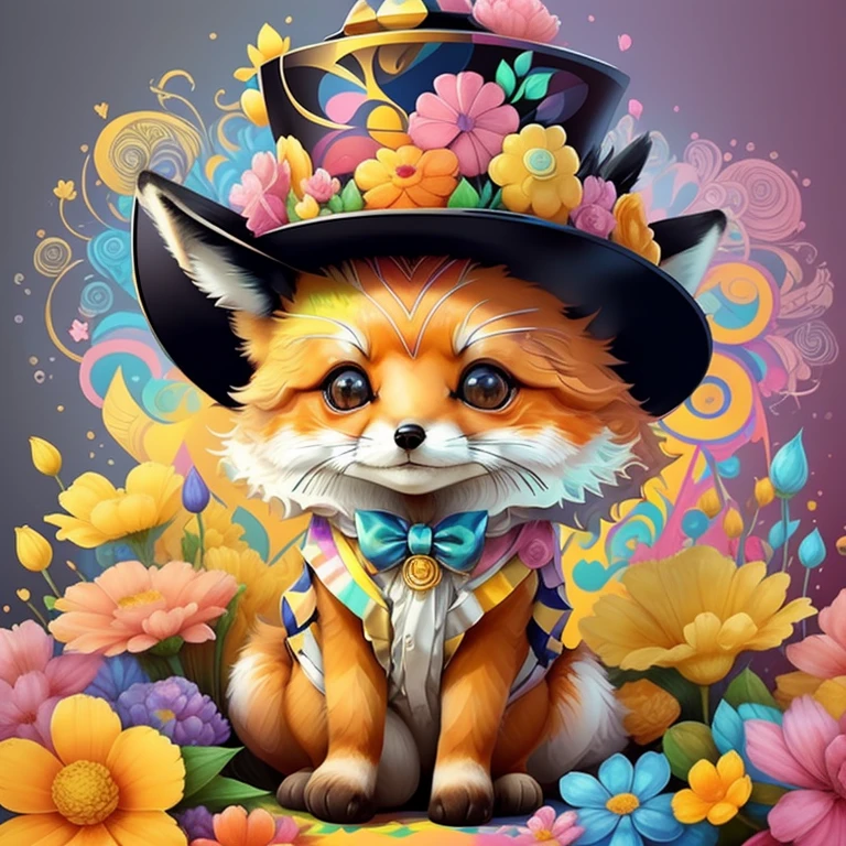 (cute baby fox with yellow top hat with flowers),(melhor pose),(best angle), (better expression), Eduardo Kobra acolchoamento ,multidimensional geometric wall PORTRAIT, arte, Chibi,
Yang08k, lindo, Colouring,
Primary works, qualidade superior, melhor qualidade, Arte Oficial, Beautiful and Aesthetic, pelos coloridos,