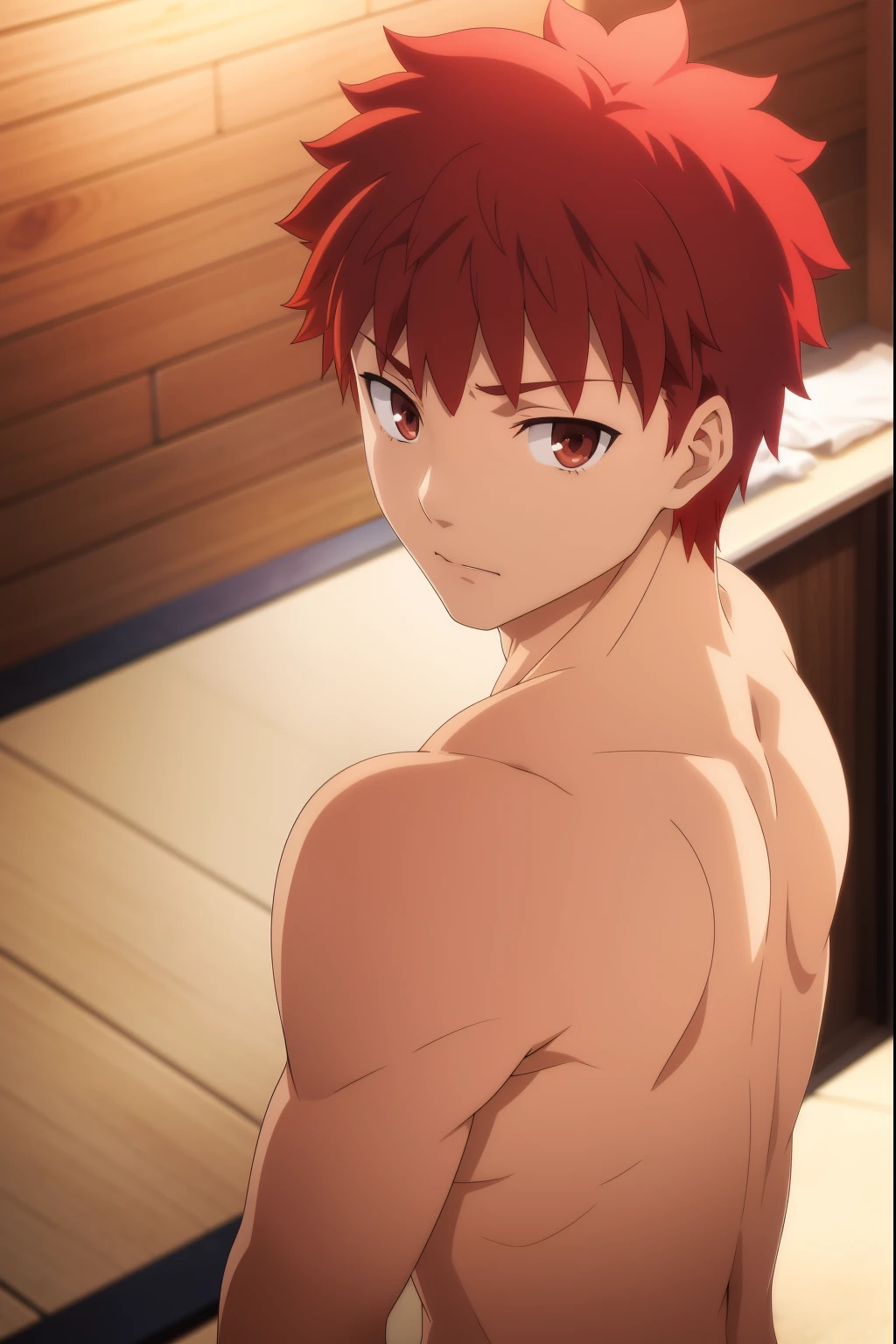 Shirou, brown eyes, red hair, best quality, shirtless, topless, anime style, anime screenshot, masterpiece, best quality,