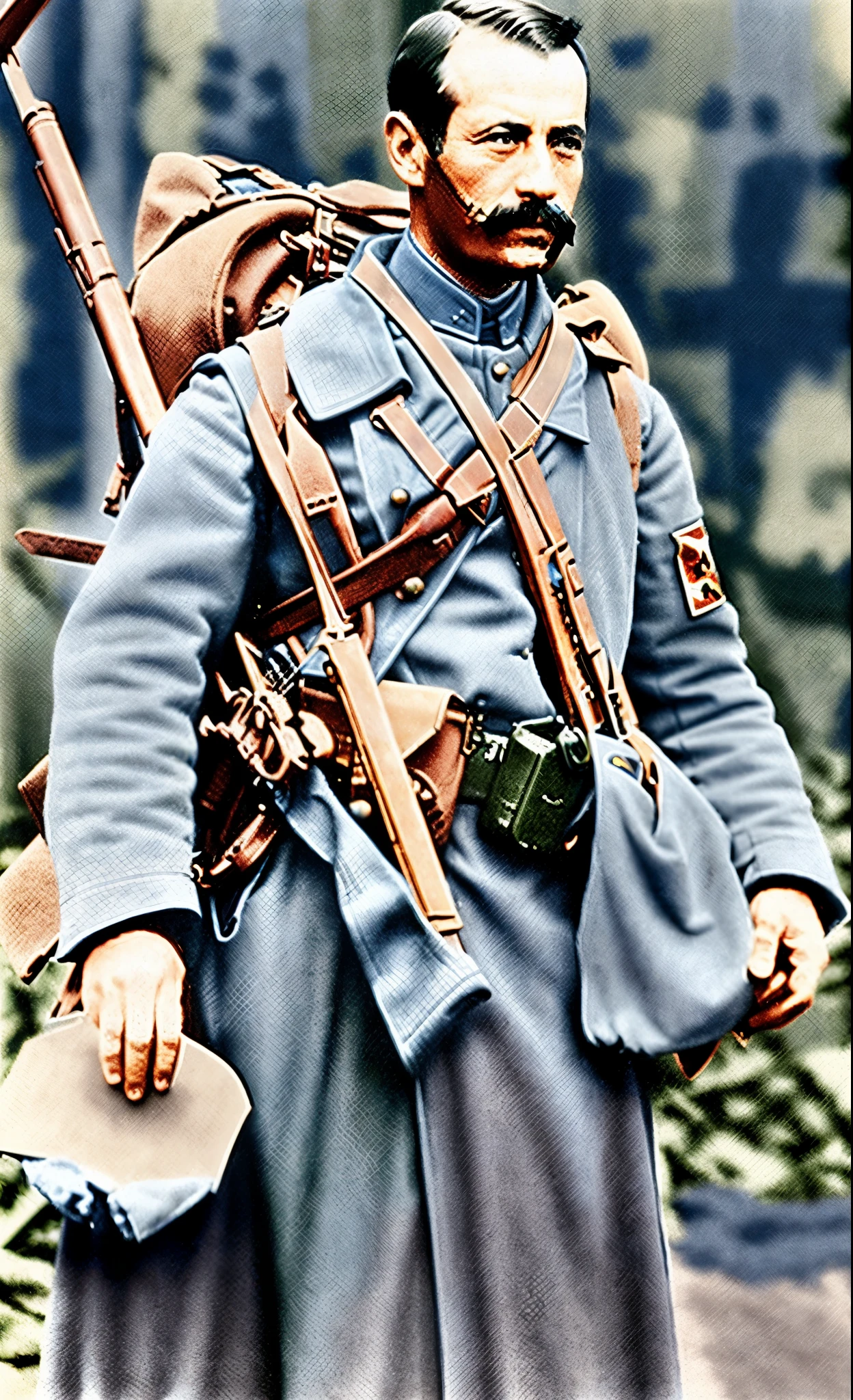 there is a man in a blue uniform standing in front of a building, colourised, colourized, ww1, ww 1, japan soldier in world war 2, blue uniform, detail, colorized, color image, colorized photograph, photo in color, award winning colorized photo, ww1 film photo, 1914, 1 9 1 4