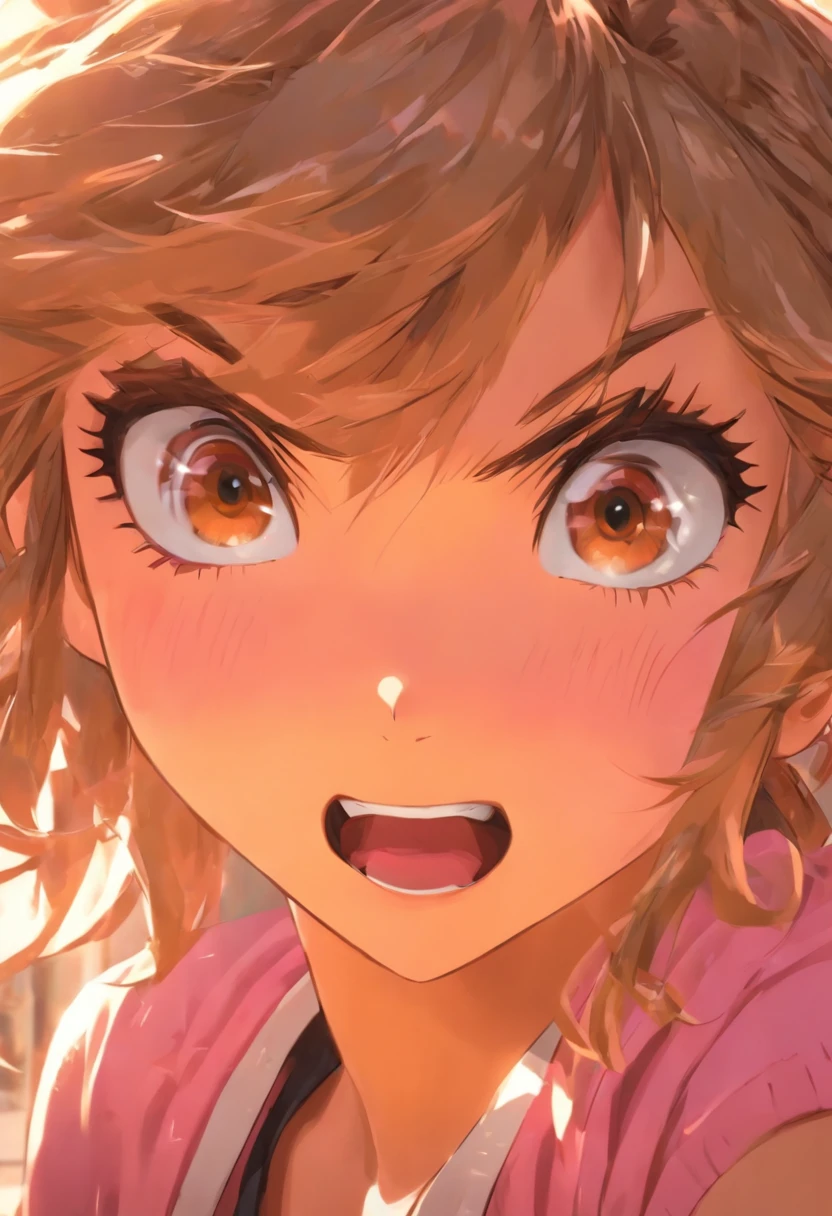 {{age female, caucasian}}, looking at viewer, hazel eyes, extremely detailed, brown hair, pink clothes, bully, mean girl, tough girl, schoolgirl, bruises, scars, happy, best quality, high quality, extremely detailed anime screencap, full body
