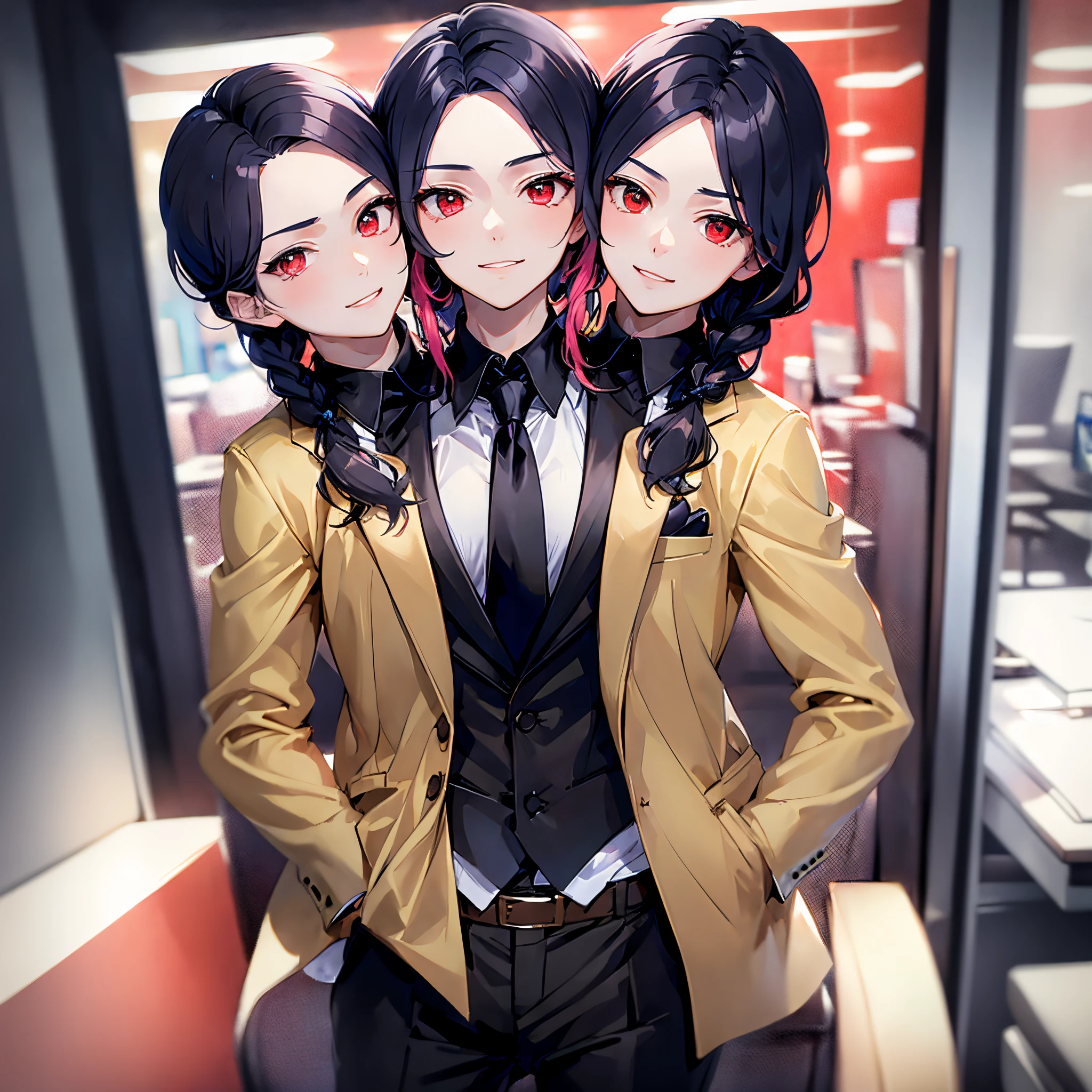 (3heads:1.5), 1girl, 1boy, solo, red eyes, black hair, pink hair, braid, long hair, (handsome:1.4), (masculine:1.2), suit, black pants, red tie, (masterpiece), (high quality), (best resolution), bangs, serious, (hands in pockets), looking at viewer, different facial expressions, office, beautiful background, big smile, wink, portrait, close-up