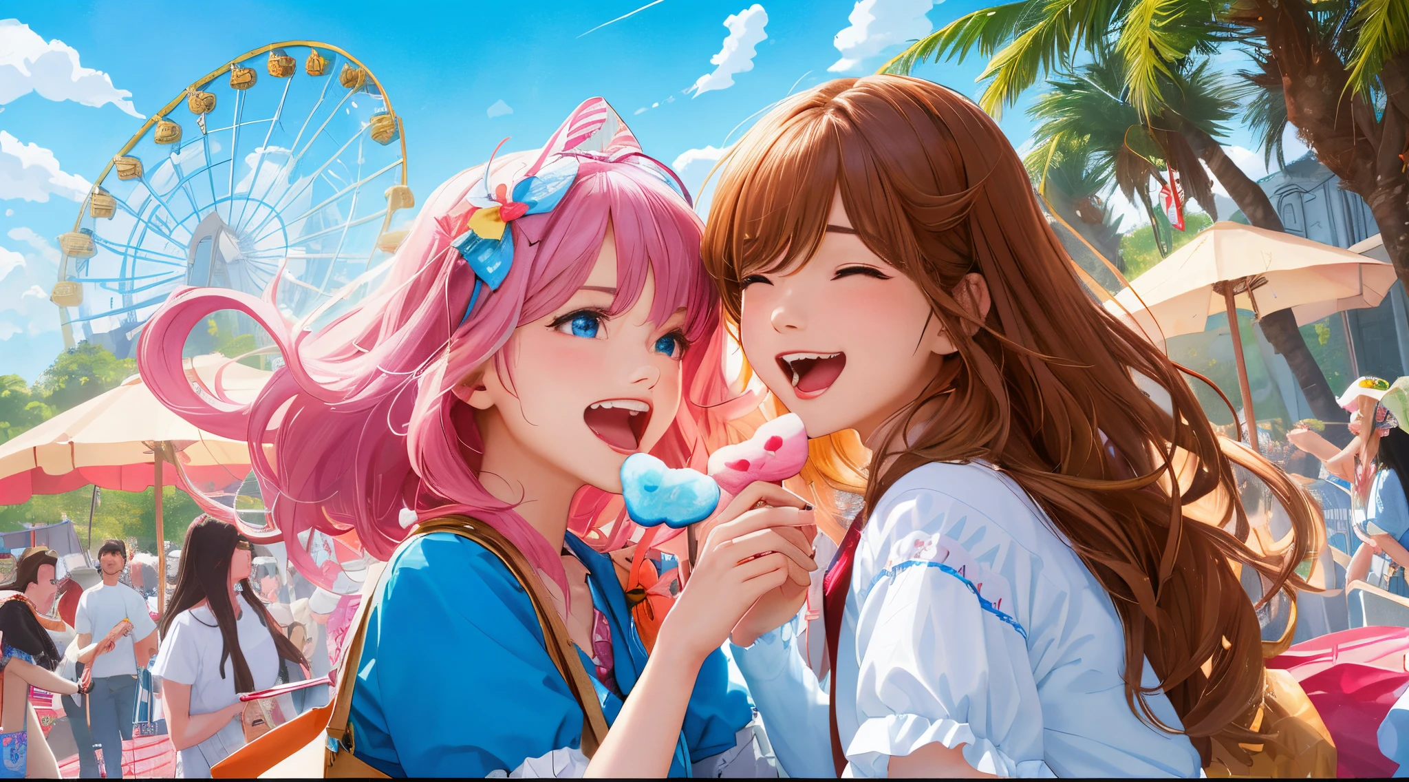 A couple in a tender moment on a Ferris wheel, surrounded by the enchanting lights of the theme park. Their expressions radiate happiness, creating a snapshot of shared joy. Best quality, intricate details, clean lines, eye-catching composition, soft tones, semi-realism, perfect illustration, dynamic pose, ample headroom