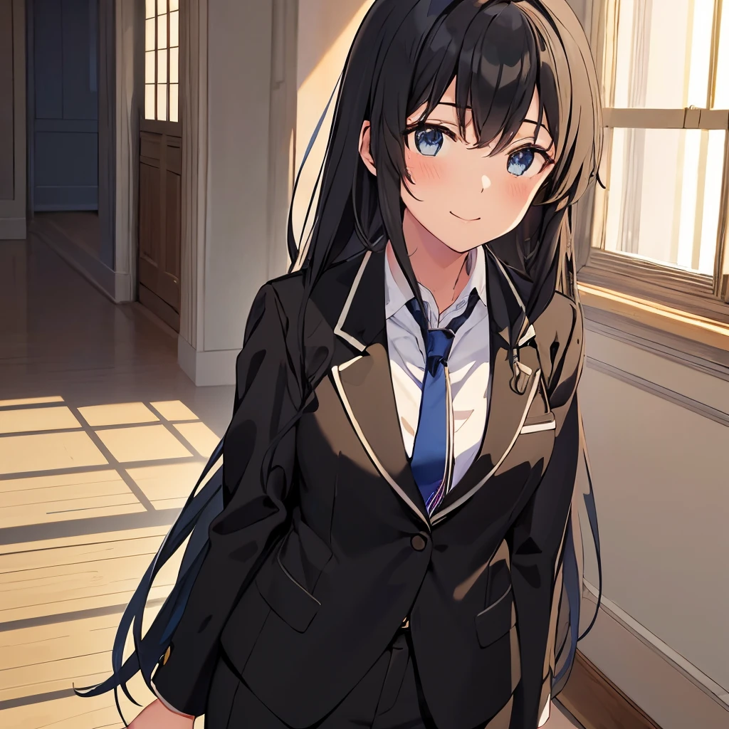 1GIRL , Yukinoshita yukino , Yukinoshita yukino,woman in formal attireactive suit tuxedo tailcoat standing in a large alcove in the room, 1girl, solo, necktie, black hair, blue eyes, long hair, smile, jacket, looking at viewer, shirt, pants, blue necktie, collared shirt, white pants, white shirt, indoors, bangs, long sleeves, closed mouth, window, black jacket, blush, cowboy shot, formal, suit, full body