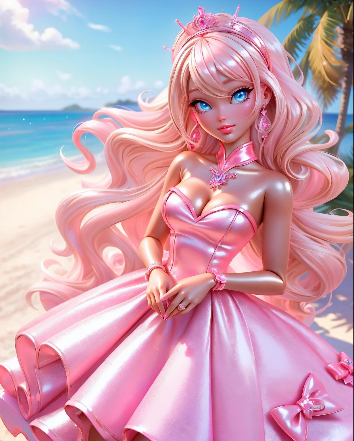 (((Masterpiece))), best quality, beautiful Barbie, super detailed, sweet and fun-loving, pink Barbie dress, shiny skin, long platinum blonde hair, blue eyes, pink beach house detailed background