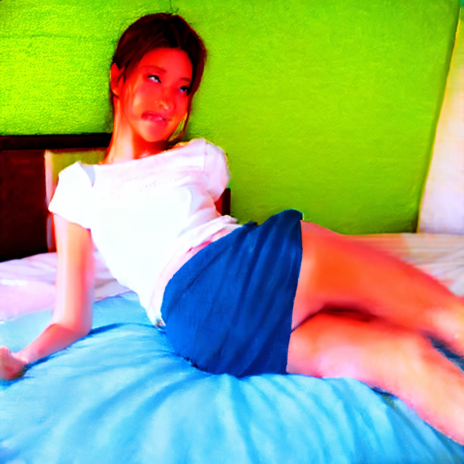 A woman faces the camera with her butt on the bed