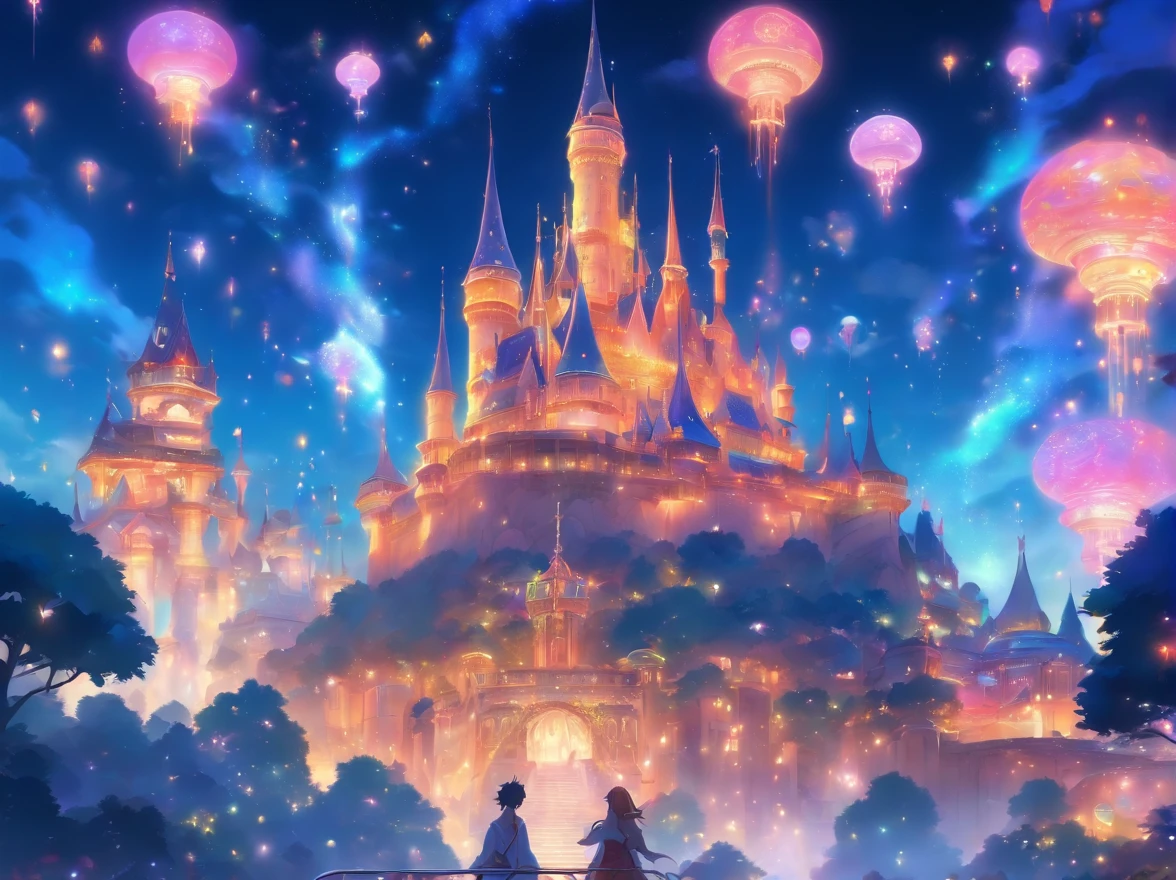theme park pictures:landscapes, dreamy theme, dreamy and detailed, Adorable and whimsical, Whimsical and cute, magical lights, parade, illuminations, very magical and dreamy, dreamy illustration, Painted in a capricious style, Midnight theme,, Vibrant colors, Intricate details. Highly detailed, Dynamic Pose, Complex motifs, Organic Tracery,Digital Painting, art  stations, Concept art, Smooth, Shiny Aura, Illustration, 8K, Best Quality, awardwinning, Anatomically correct, hight resolution, masutepiece