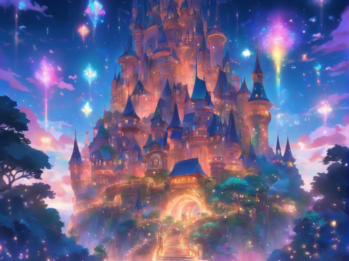 theme park pictures:landscapes, dreamy theme, dreamy and detailed, , magical lights, European style magic castle,Beautiful fece, illuminations, very magical and dreamy, dreamy illustration,stele, Midnight theme,optic, Vibrant colors, Intricate details. Highly detailed, Dynamic Pose, Complex motifs, Organic Tracery,Digital Painting, art  stations, Concept art, Smooth, Shiny Aura, Illustration, 8K, Best Quality, awardwinning, Anatomically correct, hight resolution, masutepiece