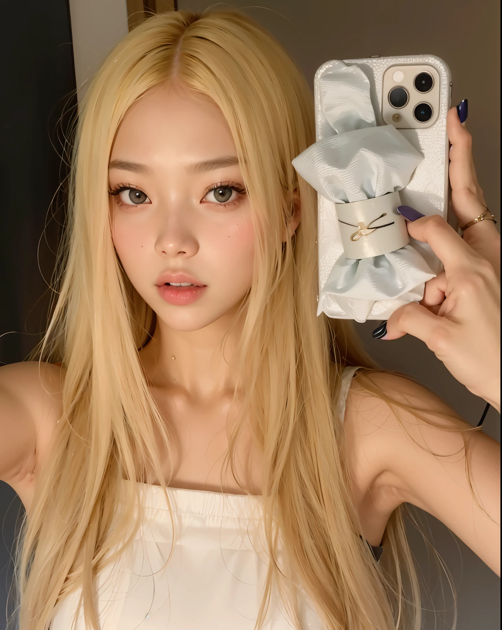 A close-up of a person holding a cell phone in his hand, Parque Roseanne de Blackpink, ulzzang, con pelo largo blanco, 8k selfie photograph, Retrato de Jossi de Blackpink, Lalisa Manobal, iPhone selfie, con el pelo largo y blanco, Jossi de Blackpink, Heonhwa Choe, Lalisa Manoban de Blackpink