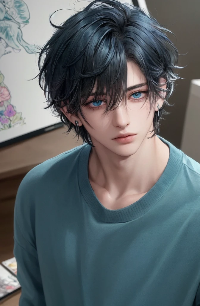 (masterpiece), (best quality), (ultra detailed),(messy hair), (illustration), (1boy), avatar, macro lens, (Casual clothing), standing, Fashion model, looking at viewer, beautiful detailed eyes, exquisite beauty, (high saturation), focus on face, Anime Adult male, blue shaggy hair, green eyes, handsome, piercings, home