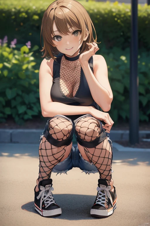((full body:1.4)), irohaisshikitest, iroha isshiki, short hair, brown hair, (brown eyes:1.5),
((black tank:1.4)), ((black converse shoes:1.4)), ((short jeans:1.4)), ((fishnet stockings:1.4)), ((underboob1.4)), ((smile face)), ((blushing)), red face.
BREAK, playground background, ((squating)),
BREAK ((looking at viever:1.4)), BREAK (masterpiece:1.2), best quality, high resolution, unity 8k wallpaper, (illustration:0.8), (beautiful detailed eyes:1.6), extremely detailed face, perfect lighting, extremely detailed CG, (perfect hands, perfect anatomy),