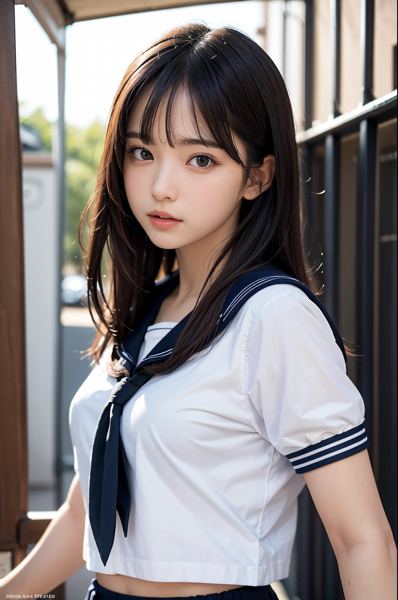 (masutepiece, Best Quality:1.2), 8K, Official art, Raw photo,  (Upper body, Sailor Uniform,:1.4), Beautiful Girl, Idol face, arching back down, pleatedskirt, School uniform, Short sleeve,  sixteen years old、Colossal tits　crass room, Looking at Viewer, No makeup, foco nítido, face lights, Dynamic lighting, Cinematic lighting, Detailed face, Bokeh background, beautiful straight short bob　see-through bangs