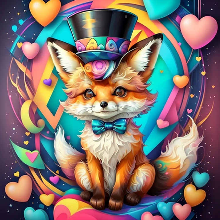 (cute  fox with top hat with lots hearts),(melhor pose),(best angle), (better expression), Eduardo Kobra acolchoamento ,multidimensional geometric wall PORTRAIT, arte, Chibi,
Yang08k, lindo, Colouring,
Primary works, qualidade superior, melhor qualidade, Arte Oficial, Beautiful and Aesthetic, pelos coloridos,