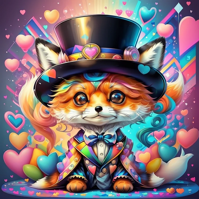 (cute  fox with top hat with lots hearts),(melhor pose),(best angle), (better expression), Eduardo Kobra acolchoamento ,multidimensional geometric wall PORTRAIT, arte, Chibi,
Yang08k, lindo, Colouring,
Primary works, qualidade superior, melhor qualidade, Arte Oficial, Beautiful and Aesthetic, pelos coloridos,