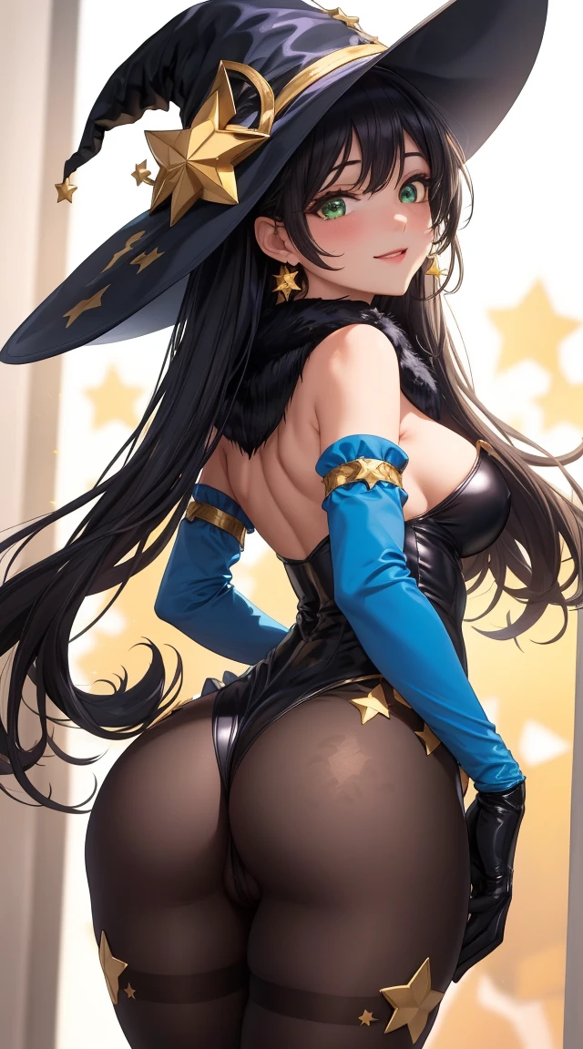 ass, cameltoe, 1girl, twintails, long hair, witch hat, pantyhose,gloves, black hair, choker, jewelry, cape, gold trim, blue leotard,earrings, detached sleeves, star (symbol), hat ornament, green eyes, fur collar, parkle print, sorriso sexy, apalpando os peitos, sorriso sexy, (alta qualidade, 8k, obra prima, qualidade ultra, extremamente detalhado, bem colorido, no blurries, foco absoluto, impeccable quality)