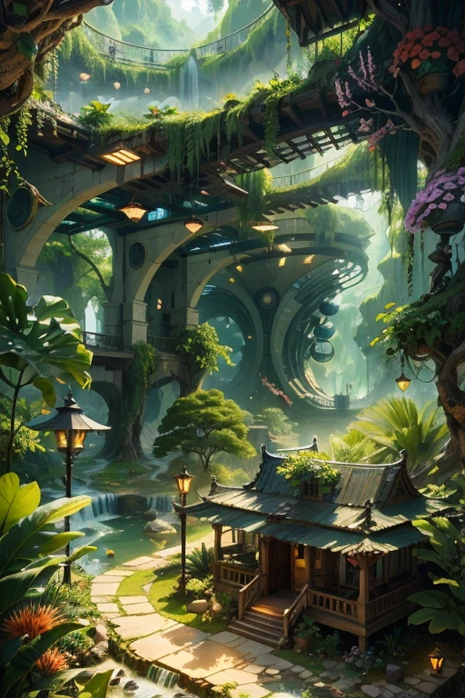 a painting of a house in a jungle with a waterfall, Lush foliage Cyberpunk, Jugendstil-Dschungelumgebung, Cyberpunk-Garten, Stil von Andreas Rocha, Konzeptkunst Hintergrundbild 4K, Unwirkliche Engine-Fantasy-Kunst, 8 K Konzeptzeichnungen mit hoher Detailgenauigkeit, umwelt-design-illustration, Detaillierte 4K-Konzeptzeichnungen, Umwelt-Konzeptkunst, Fantasy-Dschungel, Hochdetaillierte digitale 4K-Kunst, Phantasie-Architektur