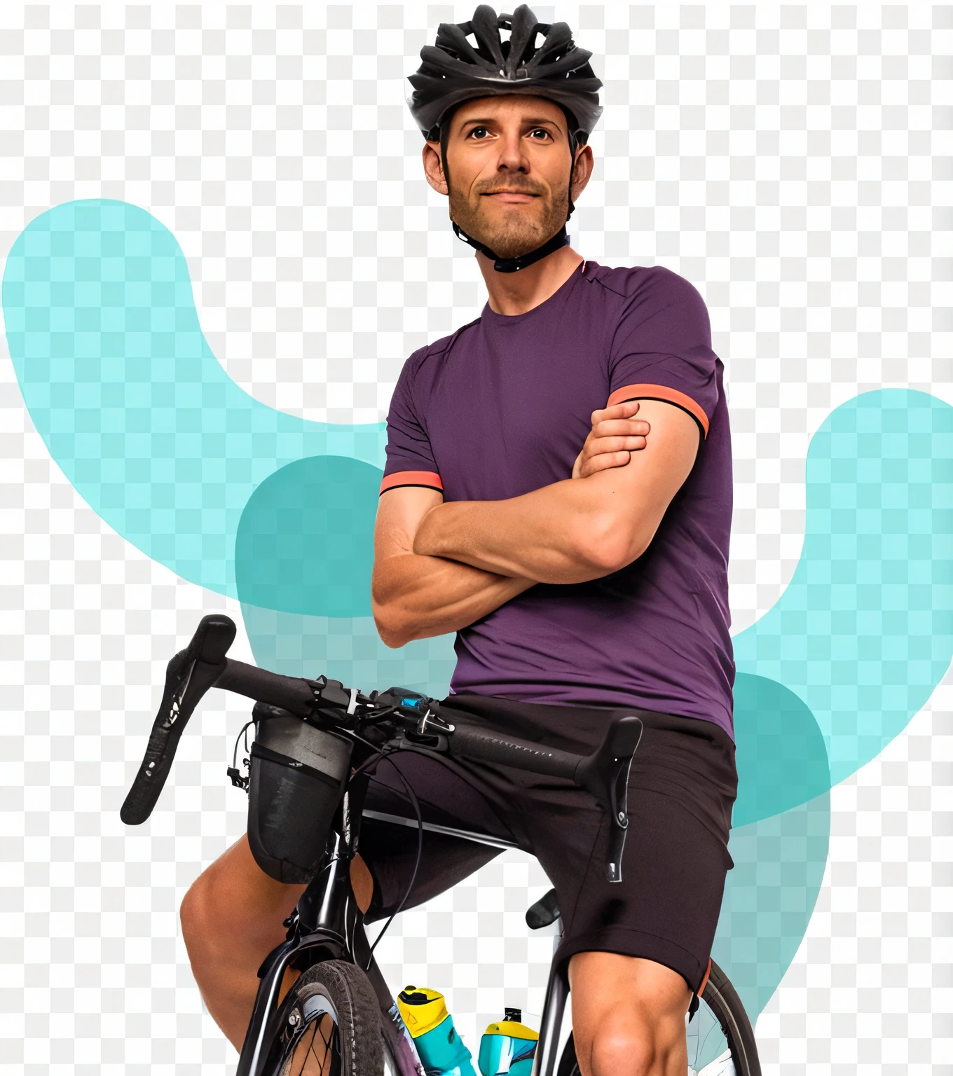 sharp man sitting on a bicycle with his arms crossed, imagem de um motociclista masculino, sem capacete, plano de fundo removido, Ad image, bicicleta, foto descoberta, motociclista, spear, solid background, 3 6 anos, h3h3, rectangle, bicicleta no fundo, foto de corpo inteiro, 38 anos, 3 2 anos, em segundo plano