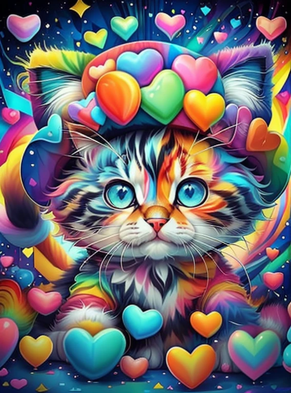 (cute baby cat with hat with lots hearts),(melhor pose),(best angle), (better expression), Eduardo Kobra acolchoamento ,multidimensional geometric wall PORTRAIT, arte, Chibi,
Yang08k, lindo, Colouring,
Primary works, qualidade superior, melhor qualidade, Arte Oficial, Beautiful and Aesthetic, pelos coloridos,