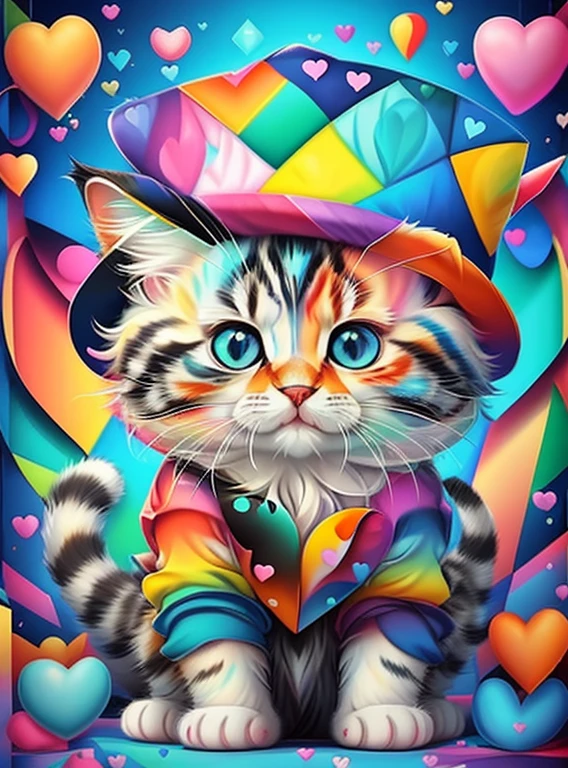 (cute baby cat with hat with lots hearts),(melhor pose),(best angle), (better expression), Eduardo Kobra acolchoamento ,multidimensional geometric wall PORTRAIT, arte, Chibi,
Yang08k, lindo, Colouring,
Primary works, qualidade superior, melhor qualidade, Arte Oficial, Beautiful and Aesthetic, pelos coloridos,