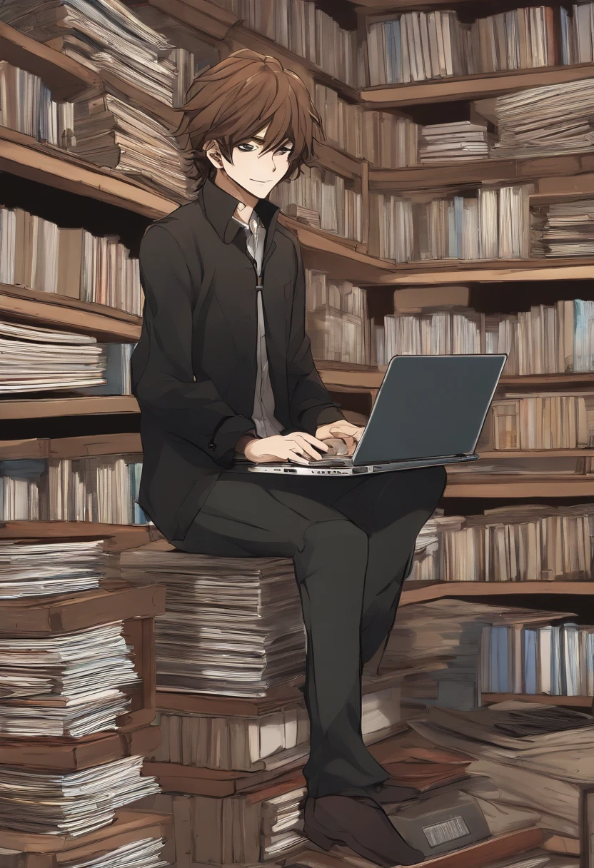 A photo of the character surrounded by stacks of manga and anime DVDs, with a laptop open to a popular anime streaming website.,original,skinny, bad skin, long hair, greasy hair, ferrety face, wispy moustache , male