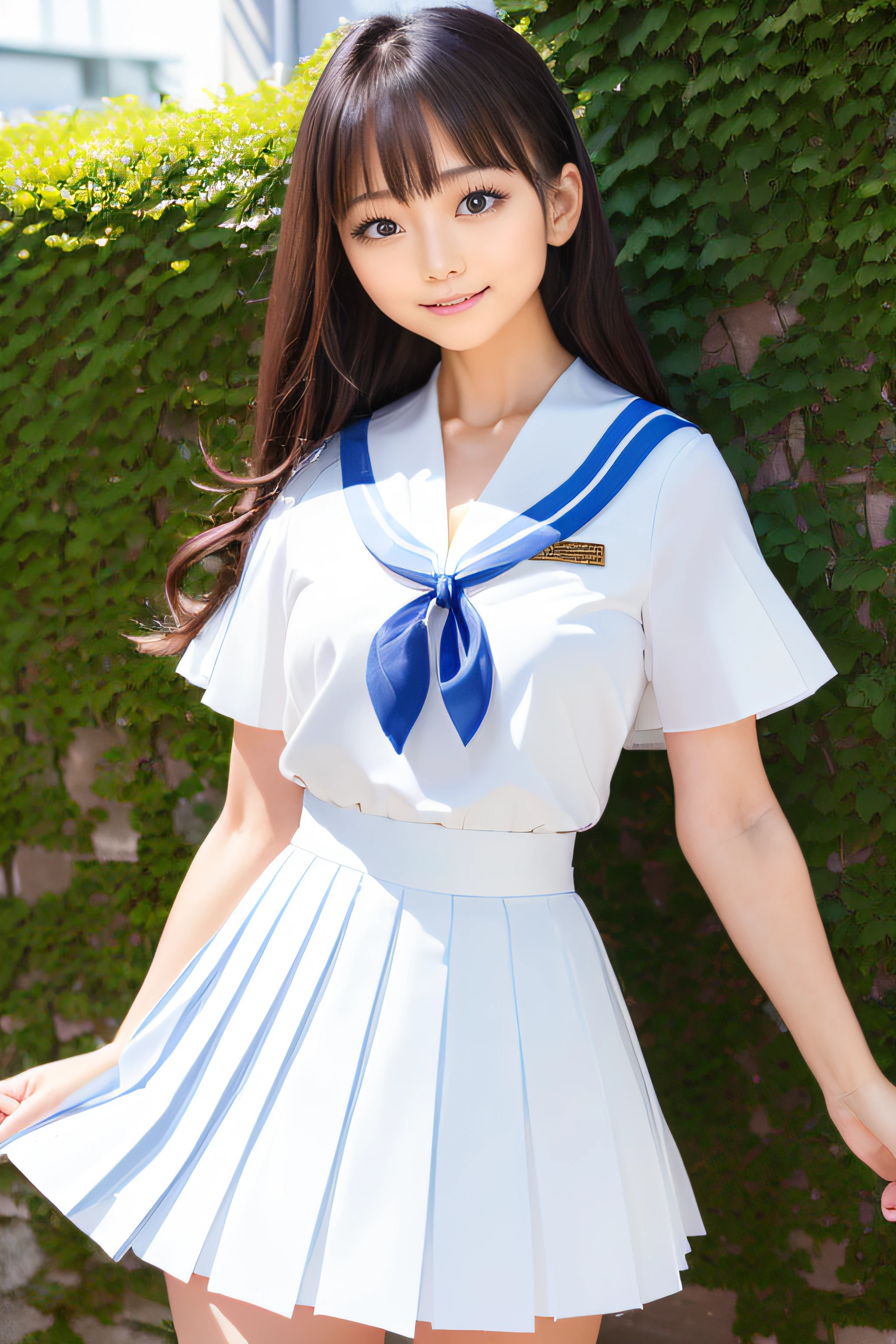 (White theme:1.3), (Fusion of white sundress and white uniform:1.4), ((White pleated skirt, White skirt):1.5), (light blue neckerchief:1.4), (White shirt with blue sailor collar:1.4), (Short sleeve:1.2), (Light blue ribbon:1.3), (White skirt with blue line:1.2), ((White socks, lowfers):1.2), bangss、s lips、without makeup、short eyelashes、watching at viewers、A smile、Photorealsitic、high-level image quality、masutepiece, Best Quality, 8K, Beautie、Fine details