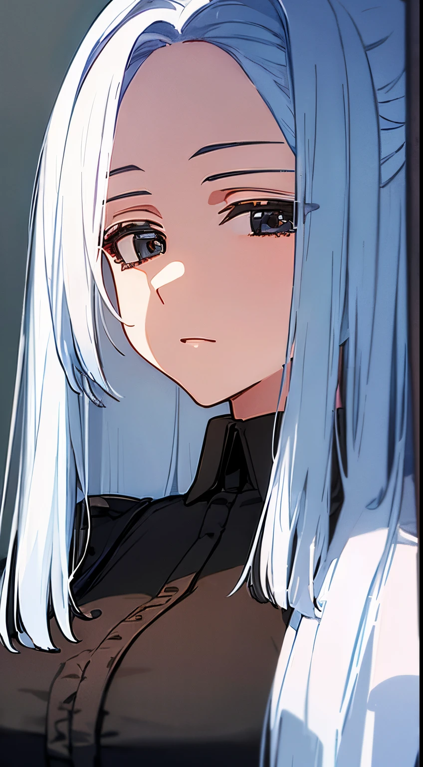 masterpiece, +++, top quality, soft light, mei mei, portrait, big breast, white hair, black eyes, wearing a black collared shirt, portrait, ultra high quality