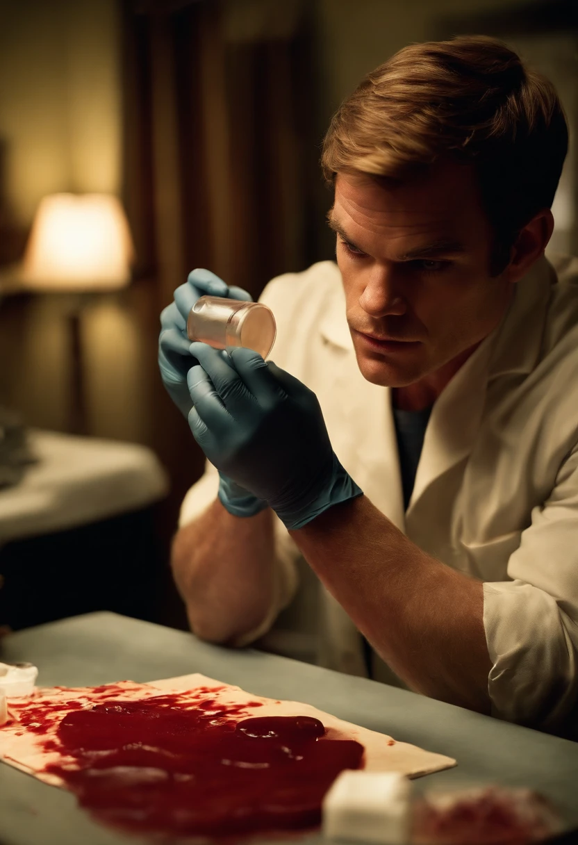 A photo of Dexter carefully prepping a fresh blood slide,original,michael c hall, male