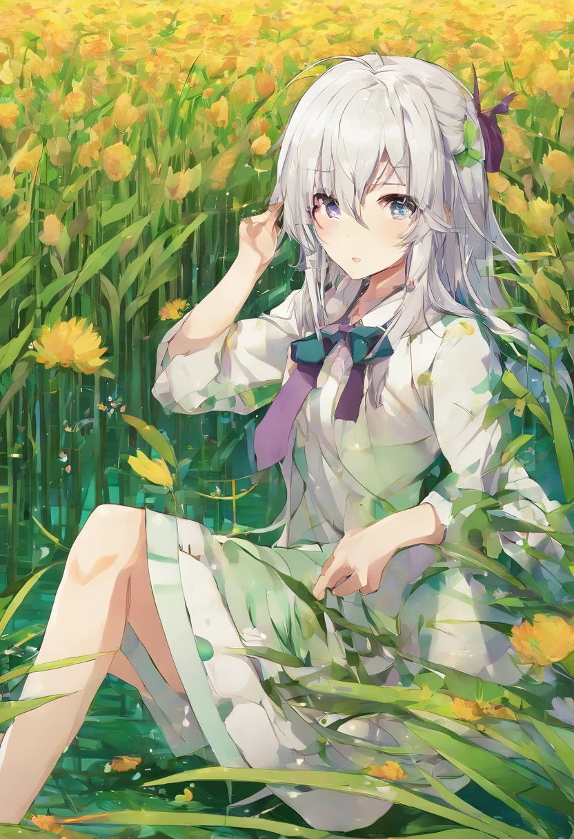 sakuya, magicpunk style, incredibly absurdres, concept art, best quality, perfect lighting, illustration, vanishing point, sitting, looking at viewer, mature male character, 1boy, (no mouth:1.3), male focus, masculine, green hair, Dyed Bangs, sparkling eyes, wearing (fantasy style crotch plate and shin guards:1.1), field of wheat, finely detailed background, amazing background