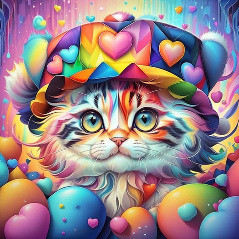 (cute baby cat with hat with lots hearts),(melhor pose),(best angle), (better expression), Eduardo Kobra acolchoamento ,multidimensional geometric wall PORTRAIT, arte, Chibi,
Yang08k, lindo, Colouring,
Primary works, qualidade superior, melhor qualidade, Arte Oficial, Beautiful and Aesthetic, pelos coloridos,
