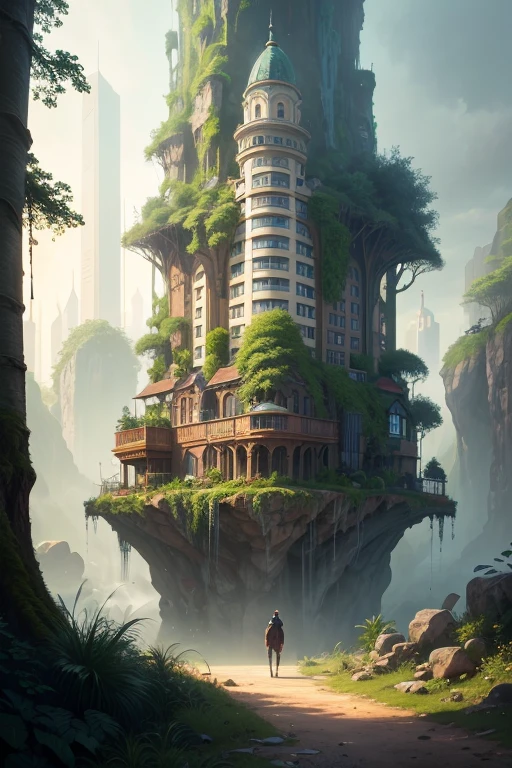 a painting of a house in a jungle with a waterfall, Lush foliage Cyberpunk, Jugendstil-Dschungelumgebung, Cyberpunk-Garten, Stil von Andreas Rocha, Konzeptkunst Hintergrundbild 4K, Unwirkliche Engine-Fantasy-Kunst, 8 K Konzeptzeichnungen mit hoher Detailgenauigkeit, umwelt-design-illustration, Detaillierte 4K-Konzeptzeichnungen, Umwelt-Konzeptkunst, Fantasy-Dschungel, Hochdetaillierte digitale 4K-Kunst, Phantasie-Architektur