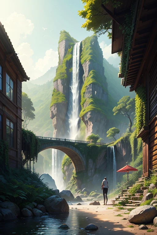 a painting of a house in a jungle with a waterfall, Lush foliage Cyberpunk, Jugendstil-Dschungelumgebung, Cyberpunk-Garten, Stil von Andreas Rocha, Konzeptkunst Hintergrundbild 4K, Unwirkliche Engine-Fantasy-Kunst, 8 K Konzeptzeichnungen mit hoher Detailgenauigkeit, umwelt-design-illustration, Detaillierte 4K-Konzeptzeichnungen, Umwelt-Konzeptkunst, Fantasy-Dschungel, Hochdetaillierte digitale 4K-Kunst, Phantasie-Architektur
