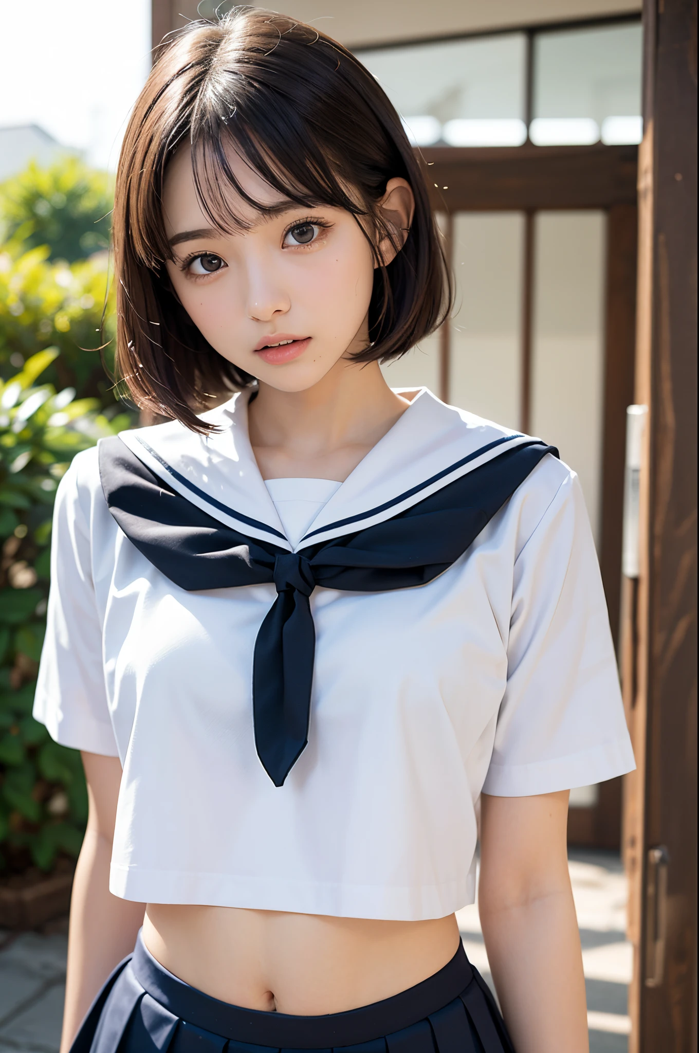 (masutepiece, Best Quality, Capture super cute moments, depth of fields, ultra-detailliert, Ultra High Resolution, C4D, Octadale, 3D Modeling, 8K, 16 K, girl with、a junior high school student、A dark-haired、short-hair、straight haired、Light brown eyes、hair adornments、wearing black glasses、cute  face)、a sailor suit、lowfers