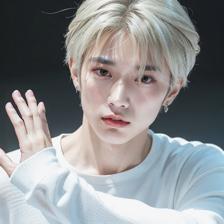 Un hombre arafed con pelo blanco y camisa blanca levanta la mano., Cai Xukun, Kim Doyoung, Yanjun Chengt, Jinyoung Shin, Taejune Kim, diez Lee, Hyung Tae, XQC, Heise Jinyao, Loong, young wan angel, Inspirado por Jeonseok Lee, Wan adorable cara coreana, Sakimichan