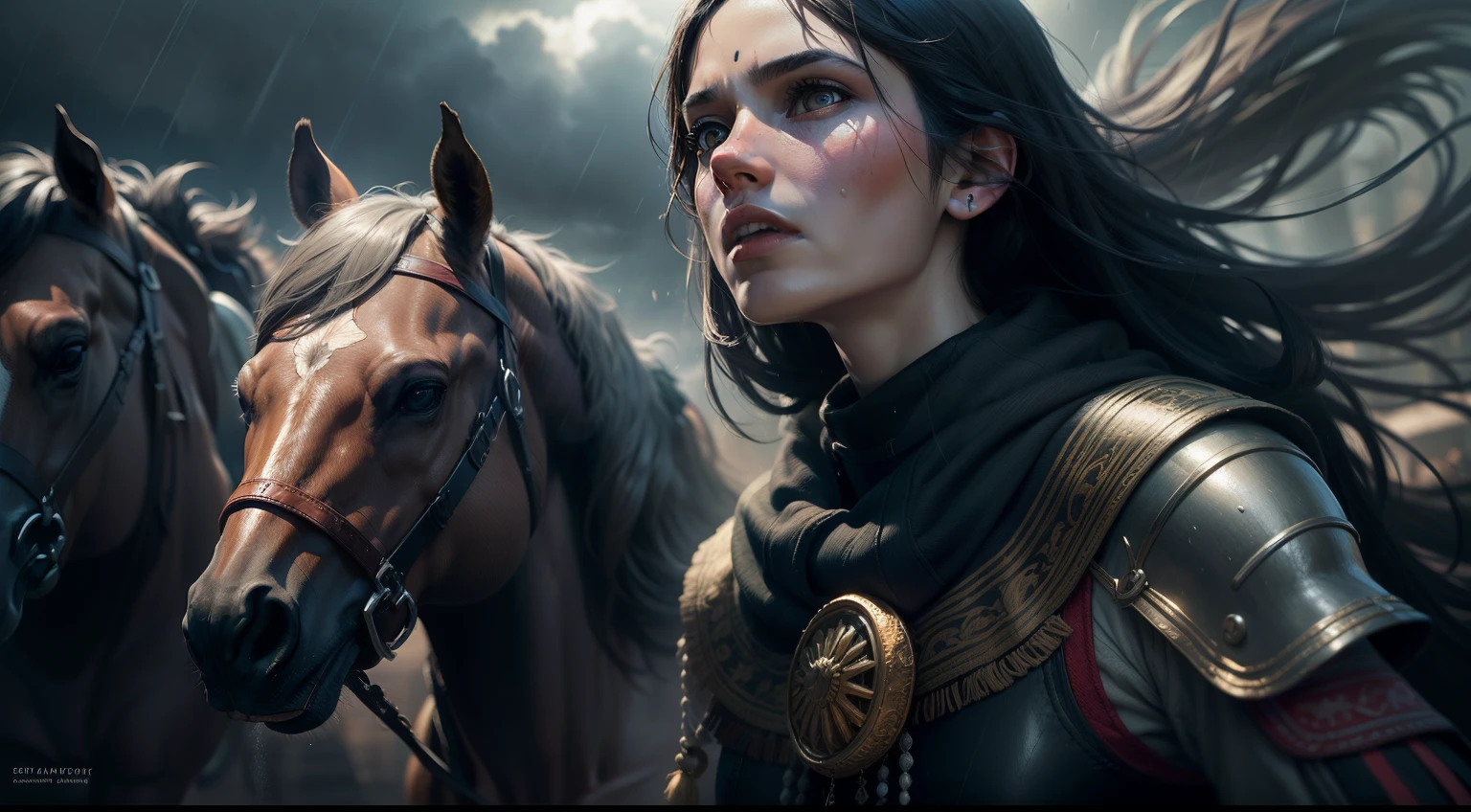 (masterpiece, best quality: 1.2), ultra-detailed face, (muted colors: 1.2, dark studio, rim lighting, two-tone lighting, poorly lit, discreet, ), Indians being chased, by American settlers on their horses, the weather is cloudy and raining heavily, trend in ArtStation, trend in CGSociety, Intricate, High Detail, dramatic painting art, photorealistic by Midjourney and Greg Rutkowski,