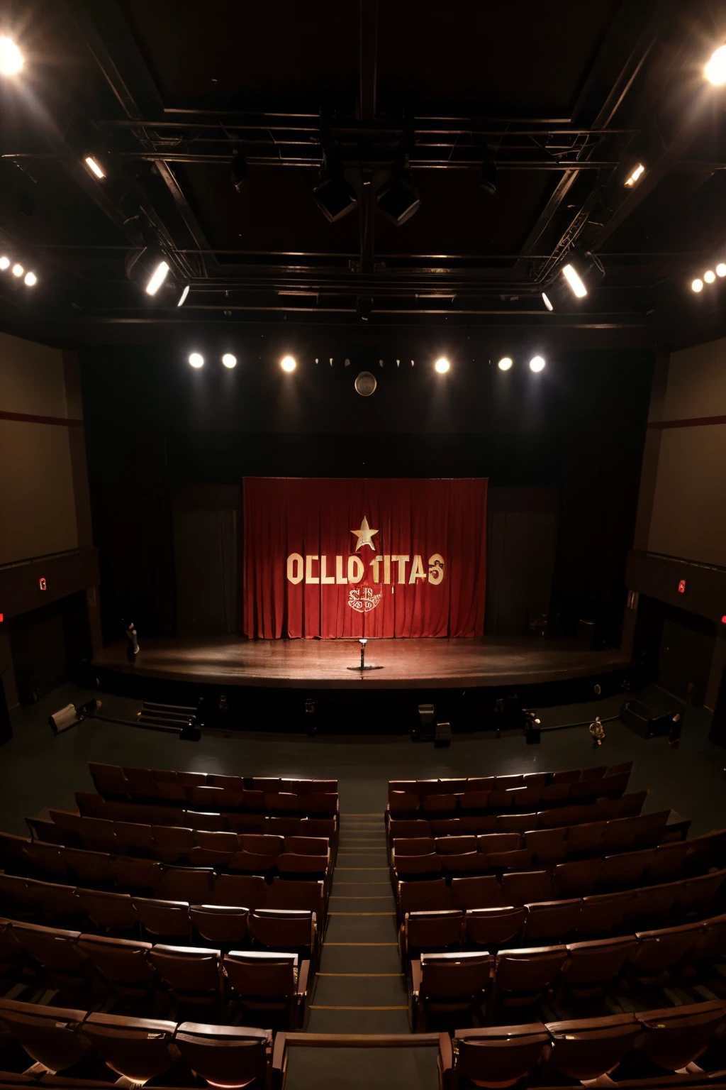 best quality, photorealistic, 8k, high res, full color Teatro cheio de pessoas sentadas olhando para o palco. No palco esta a bandeira americana manchada de sangue.