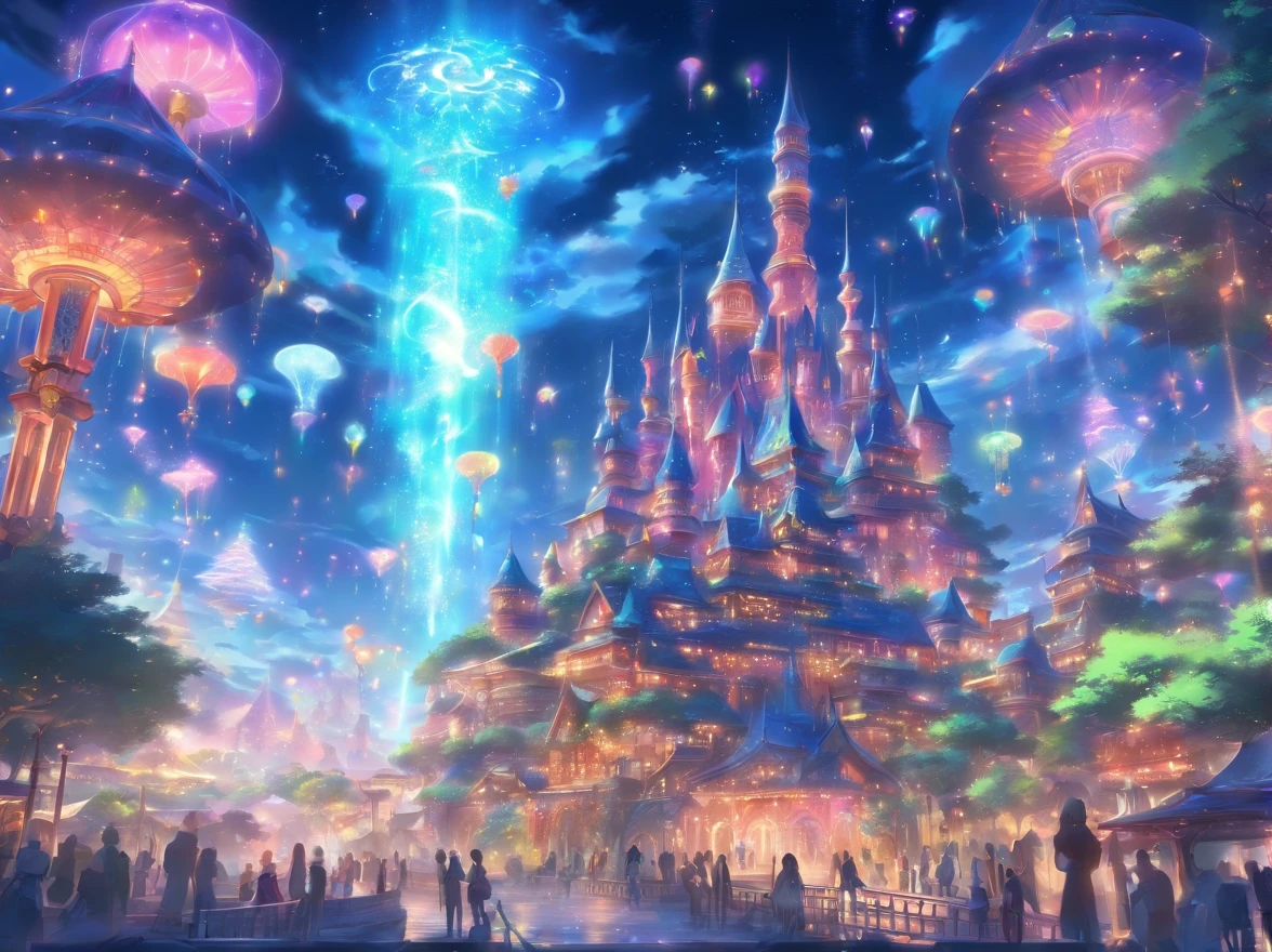 theme park pictures:landscapes, dreamy theme, dreamy and detailed, Adorable and whimsical, Whimsical and cute, magical lights, parade, illuminations, very magical and dreamy, dreamy illustration, Painted in a capricious style, Midnight theme,, Vibrant colors, Intricate details. Highly detailed, Dynamic Pose, Complex motifs, Organic Tracery,Digital Painting, art  stations, Concept art, Smooth, Shiny Aura, Illustration, 8K, Best Quality, awardwinning, Anatomically correct, hight resolution, masutepiece