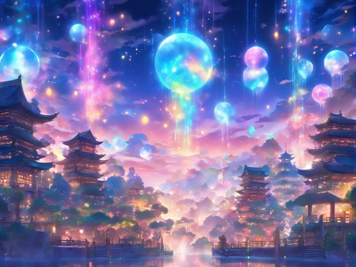theme park pictures:landscapes, dreamy theme, dreamy and detailed, Adorable and whimsical, Whimsical and cute, magical lights, parade, illuminations, very magical and dreamy, dreamy illustration, Painted in a capricious style, Midnight theme,, Vibrant colors, Intricate details. Highly detailed, Dynamic Pose, Complex motifs, Organic Tracery,Digital Painting, art  stations, Concept art, Smooth, Shiny Aura, Illustration, 8K, Best Quality, awardwinning, Anatomically correct, hight resolution, masutepiece