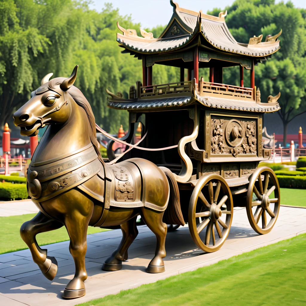 (Best quality at best,4K,A high resolution,ultra - detailed,actual:1.2),Ancient Chinese Bronze Theme Park,Ancient Chinese bronzes,Huge ancient bronze chariot on the lawn